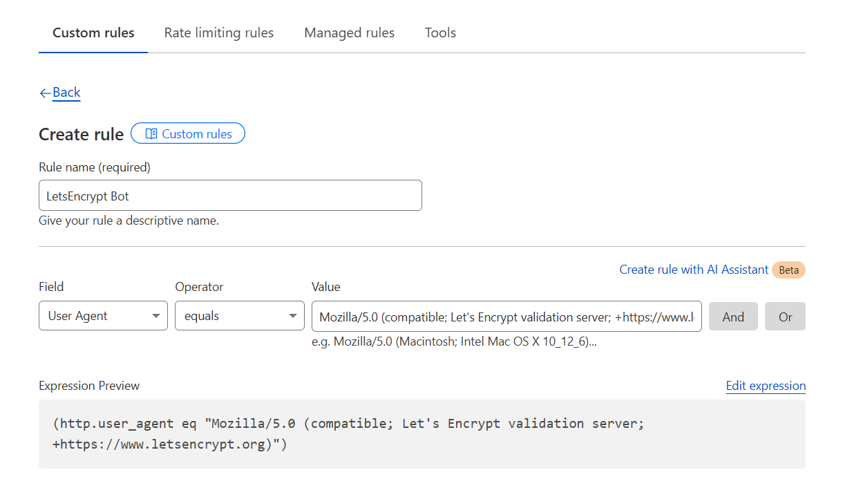 Create a WAF rule at Cloudflare