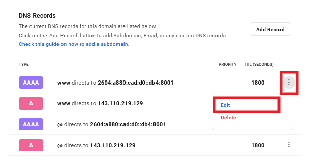 Edit a DNS record in the Hub