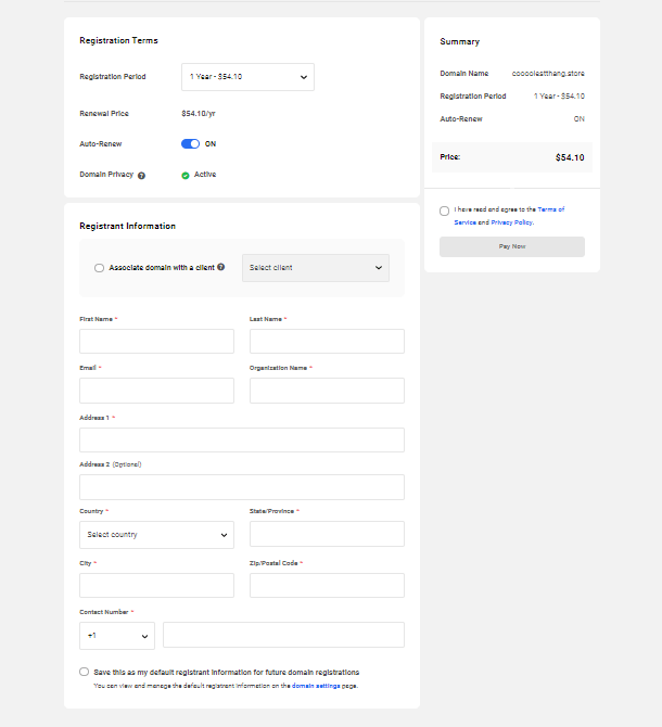 Information required to register a domain in the Hub