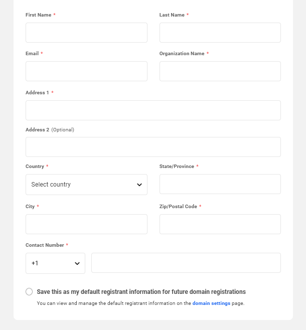 Owner contact information required to register a domain in the Hub