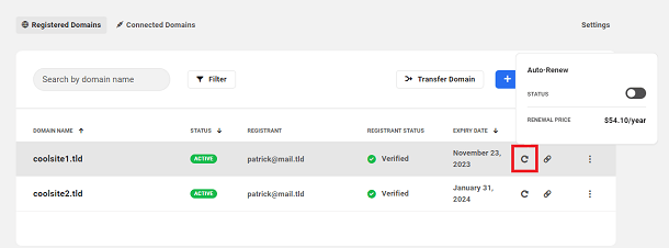 Auto-renew status of a registered domain in the Hub