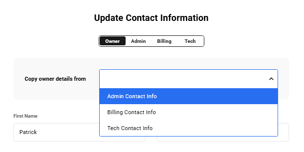 Update contact information for a domain registered in the Hub