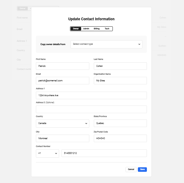 Update contact information for a domain registered in the Hub
