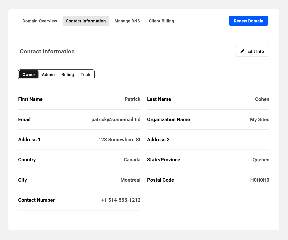 Contact information for a domain registered in the Hub