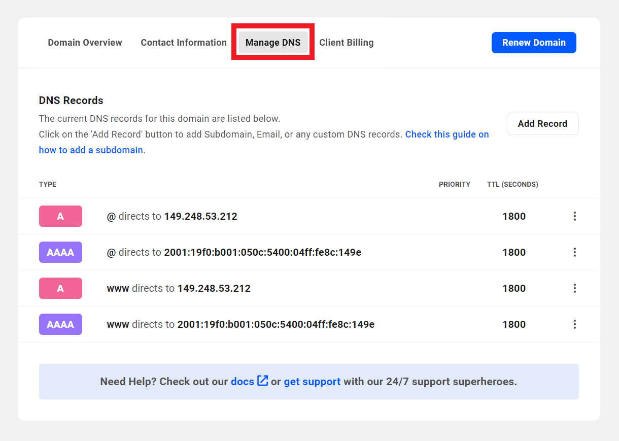 Manage DNS tab for a registered domain in the Hub