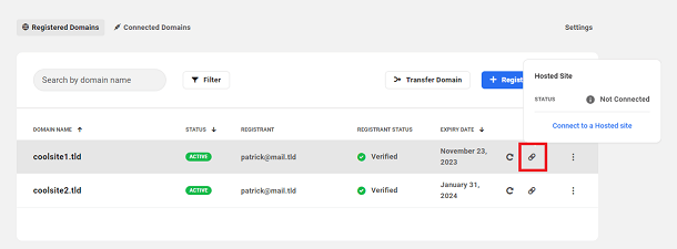 Status of a registered domain connected to a hosted site in the Hub