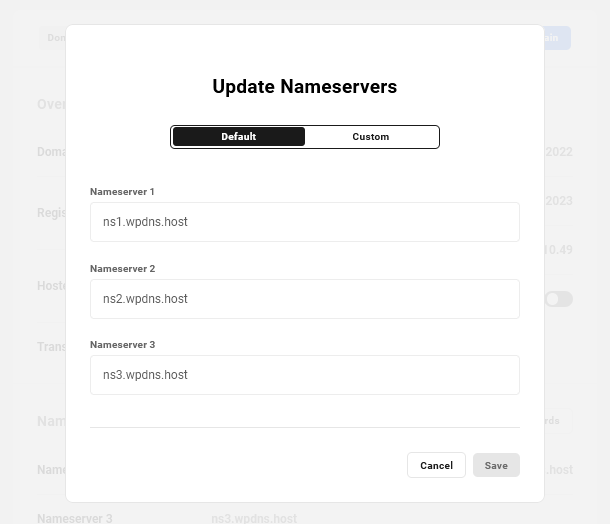 Default nameservers for a registered domain in the Hub