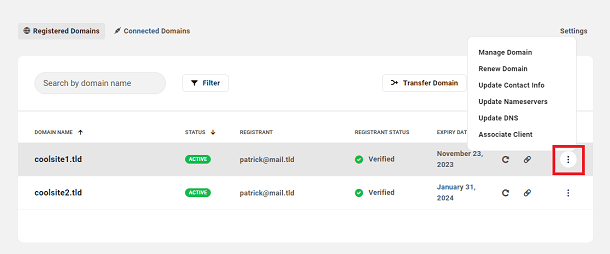 Management options for a registered domain in the Hub