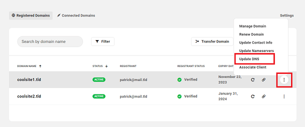Update DNS option for registered domains