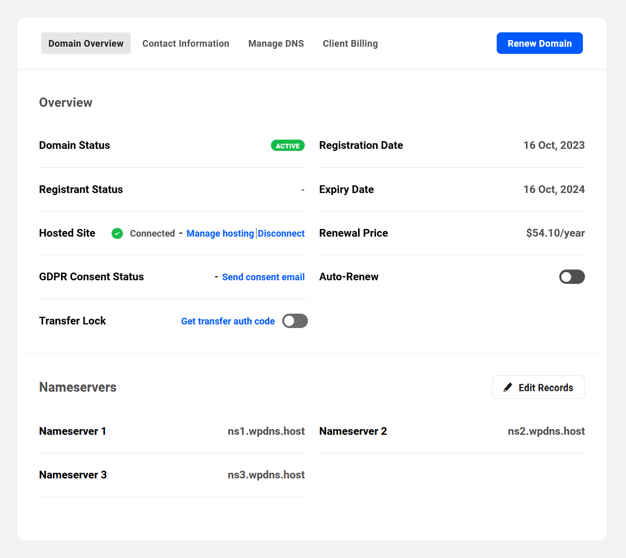 Overview of a domain registered in the Hub