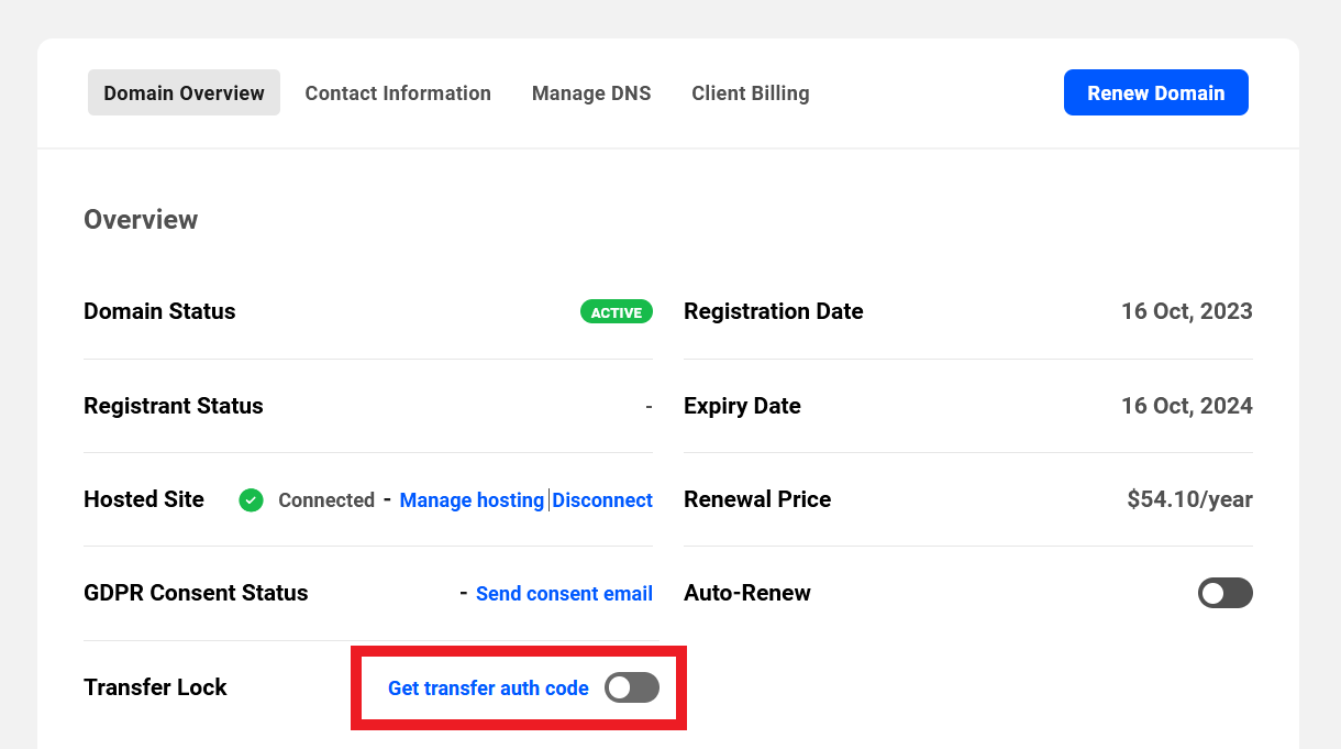 Get auth code for a domain transfer in the Hub