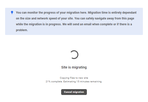 Site migration progress in the Hub