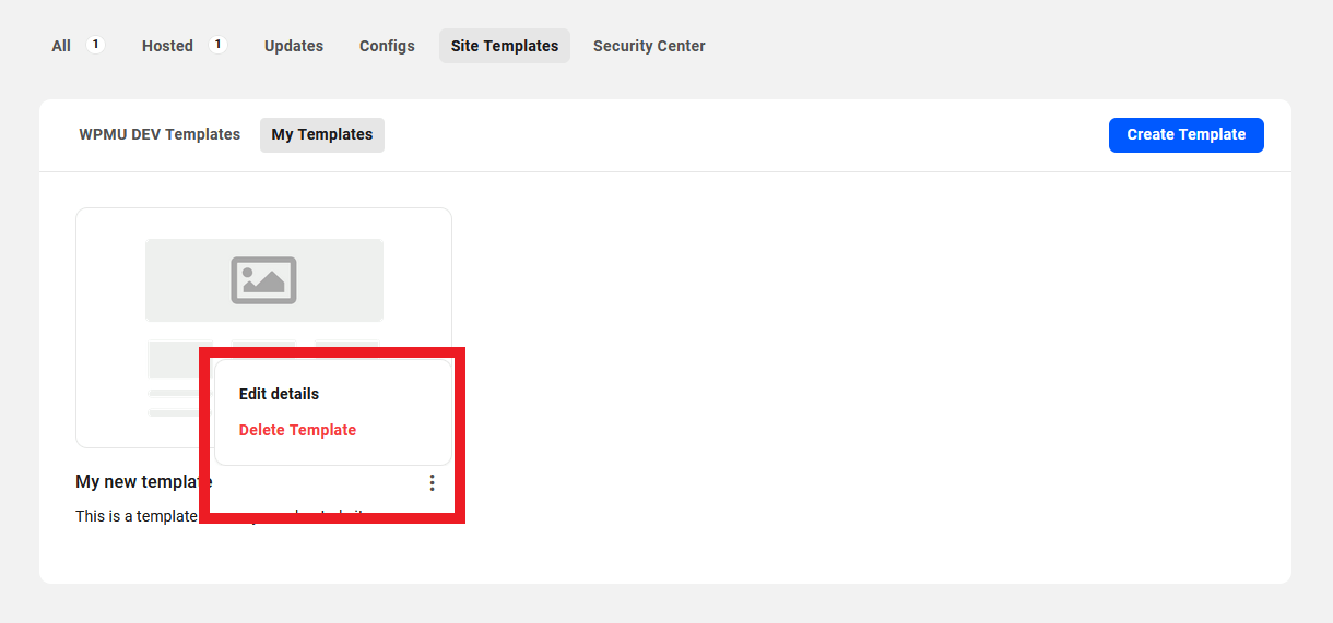 Custom site template management options in the Hub