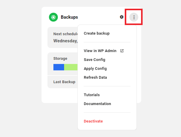 Backups module (3rd party) settings dropdown menu