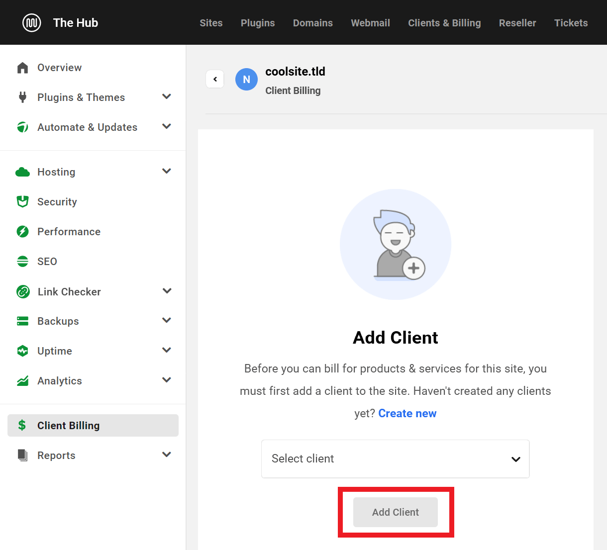 Allows the user to add and/or edit the client attached to a site