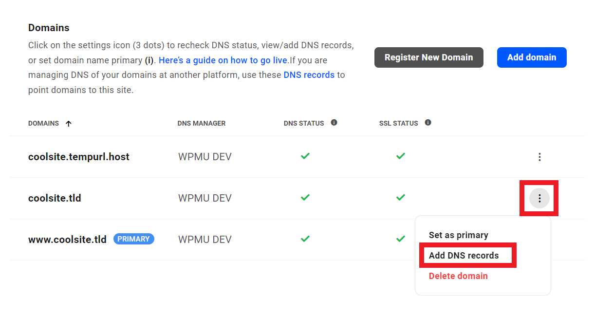 Add DNS records for a new domain