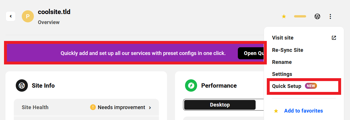 Configure a site's Quick Setup in The Hub