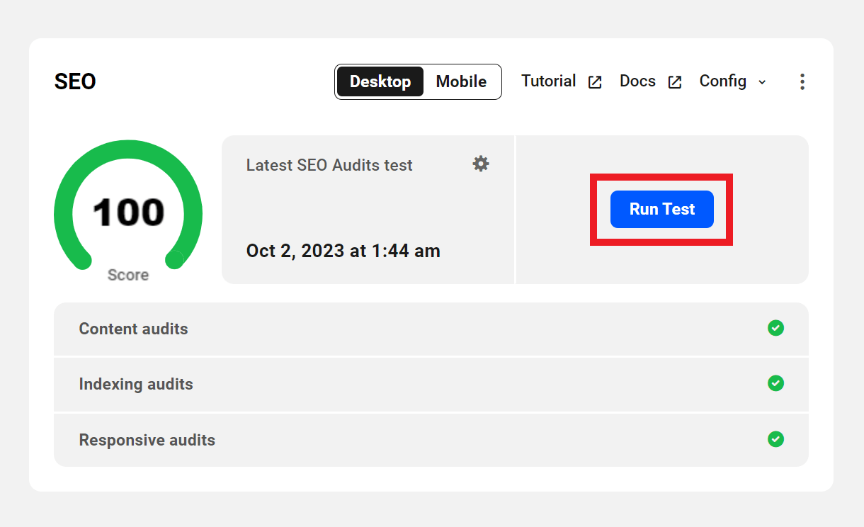 Allows the user to run a SmartCrawl SEO test on a site