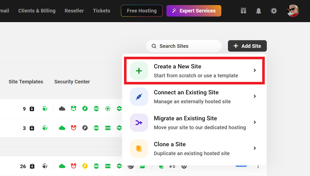 Create a new WPMU DEV hosted site in The Hub