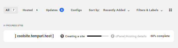New site creation progress in the Hub