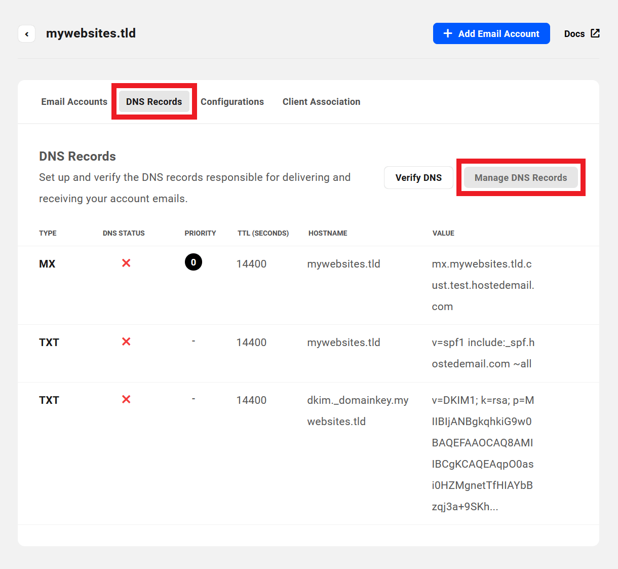 Manage DNS records for a webmail domain at another registrar