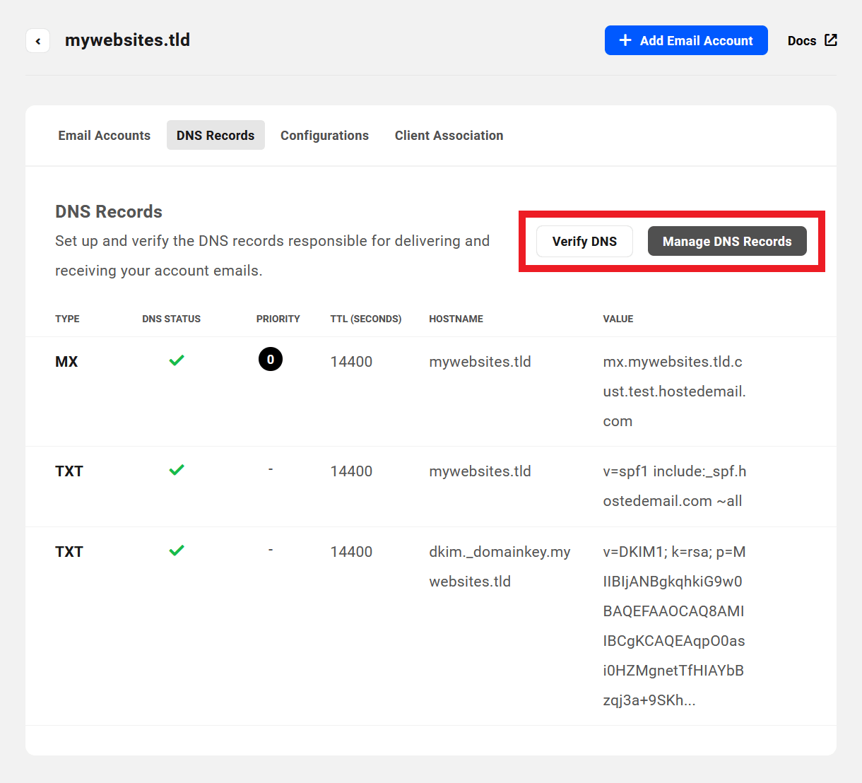 Allows the user to verify DNS records of a webmail domain, and to add/manage existing records