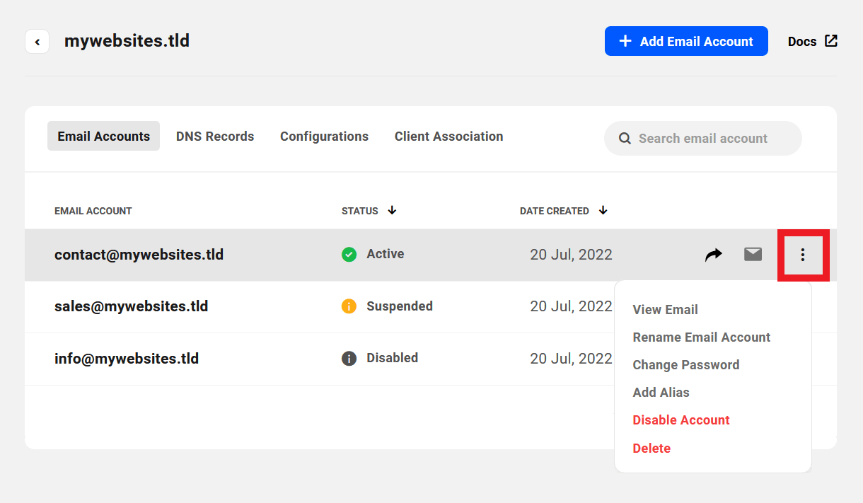 Management options for an email account
