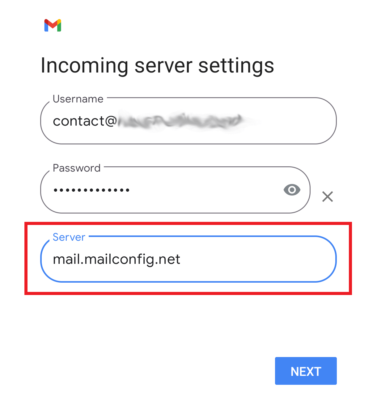 Incoming server settings in the Gmail app