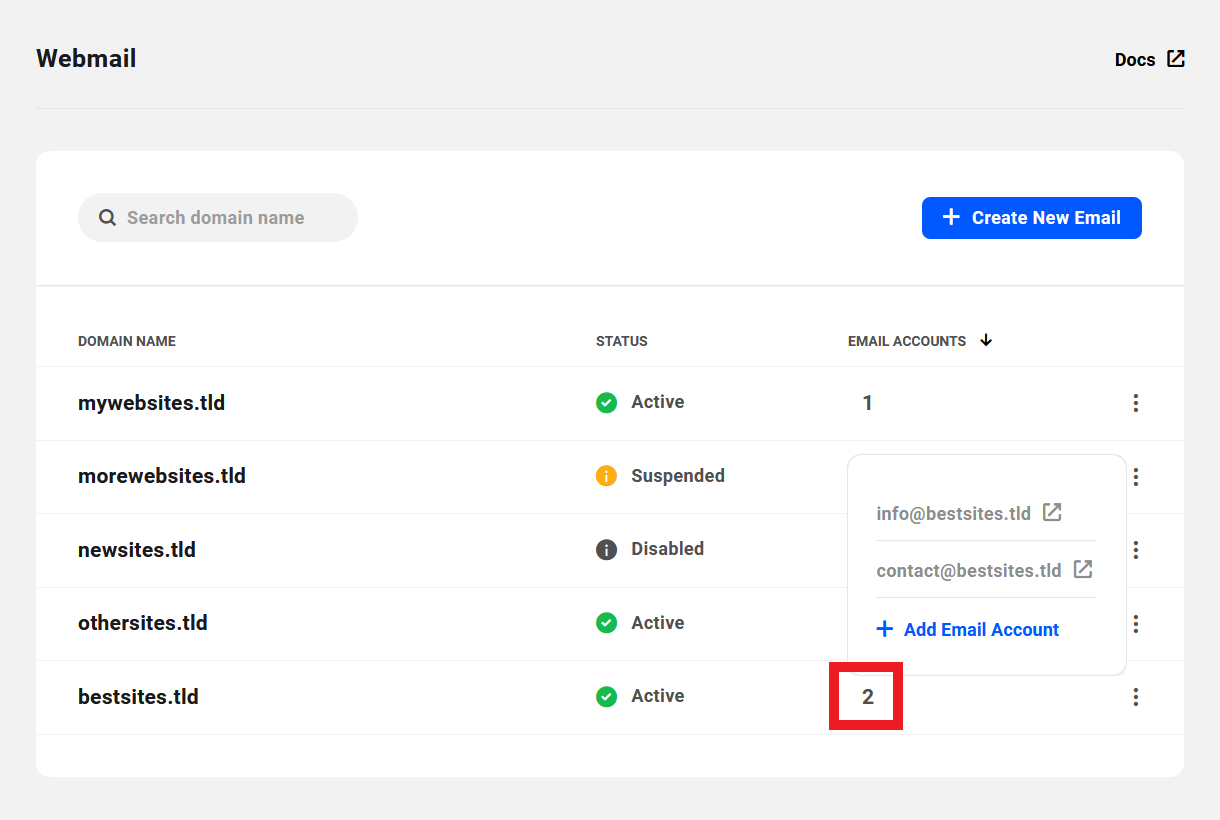 Email addresses in a webmail account