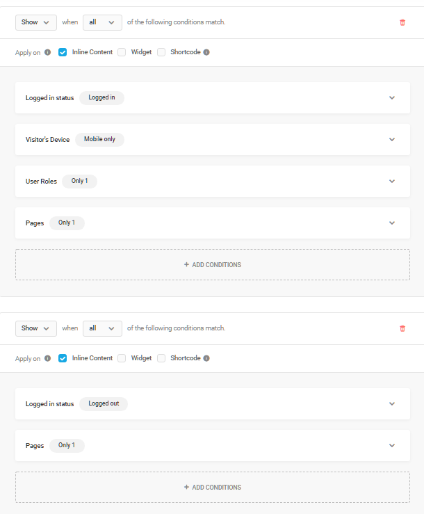 Example of condition groups in Hustle visibility options
