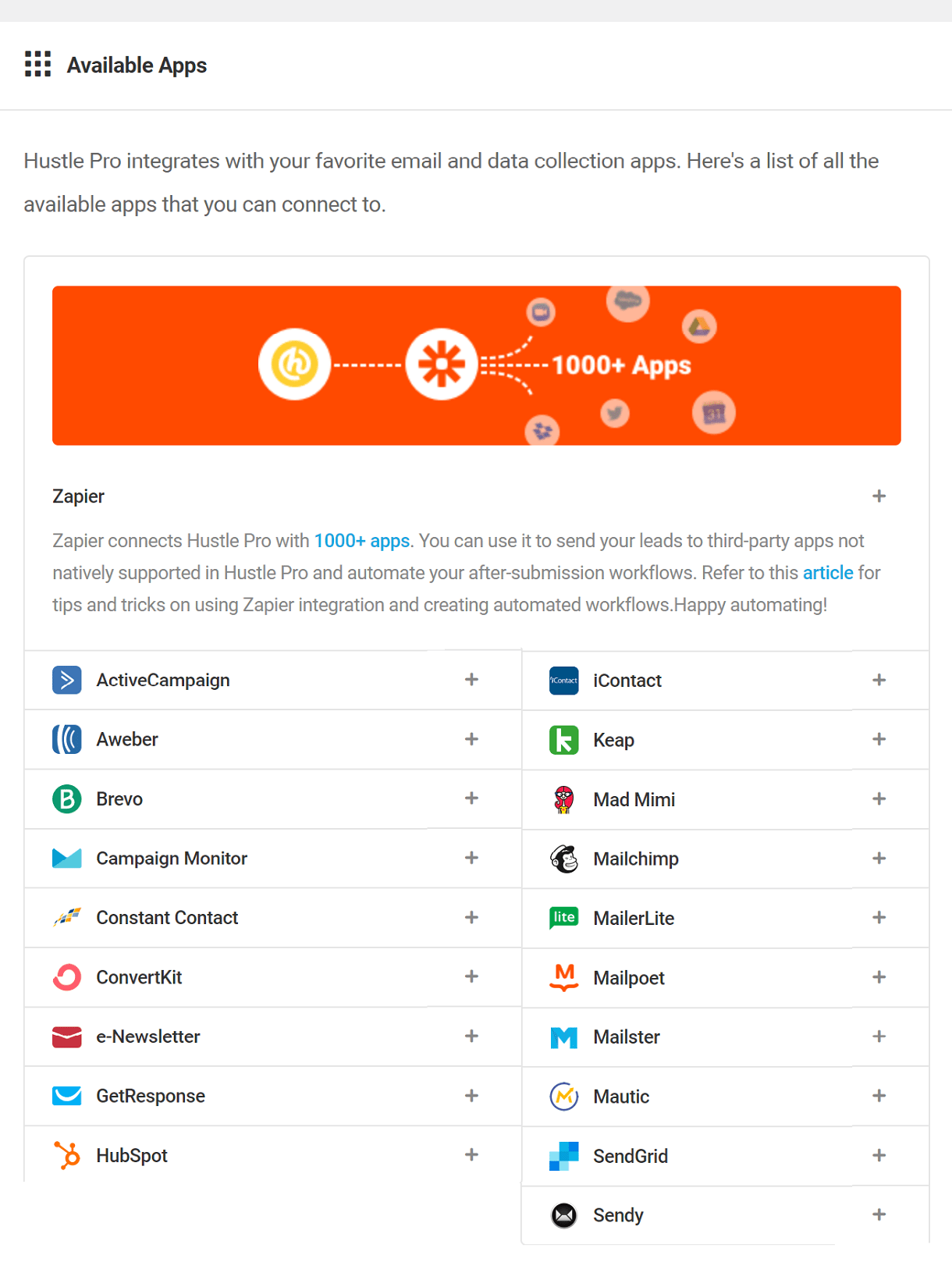 Available Apps on Hustle Integrations screen