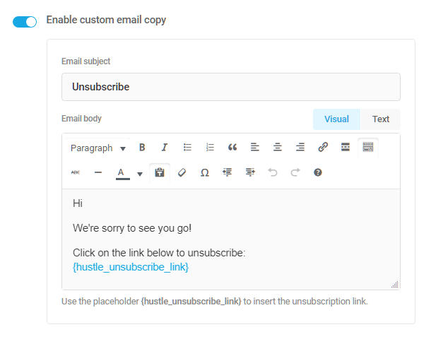 Customize the confirmation email in Hustle unsubscribe options