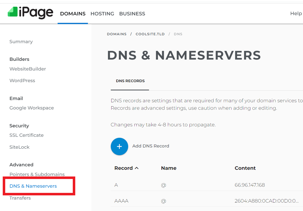 DNS settings at iPage