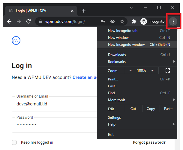 WPMU DEV login form in Chrome incognito window