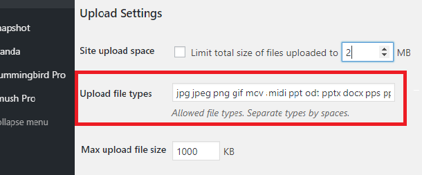 Modifying file type and size limits
