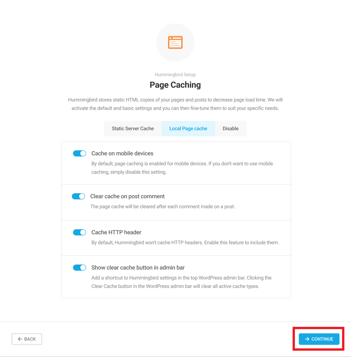 Page caching wizard