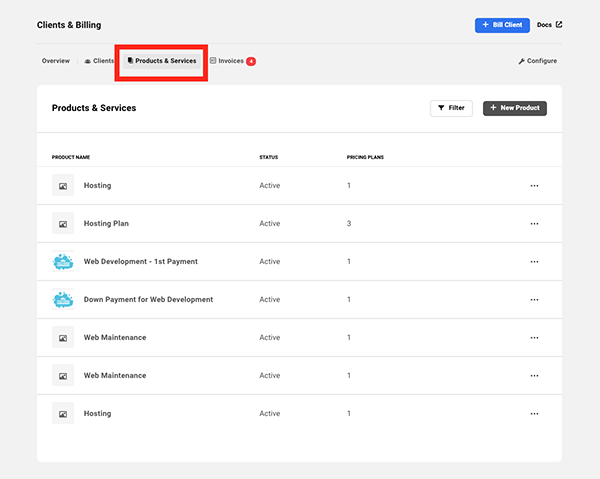 Products and services tab