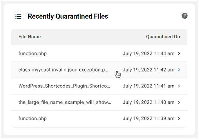 The Hub - Security - Recently Quarantined Files section.