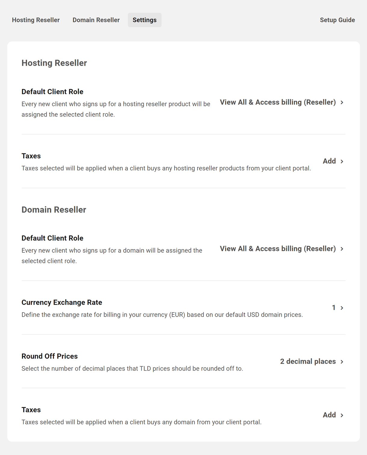 Reseller settings screen
