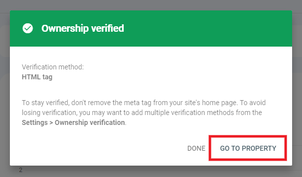 Property verified in Google Search Console