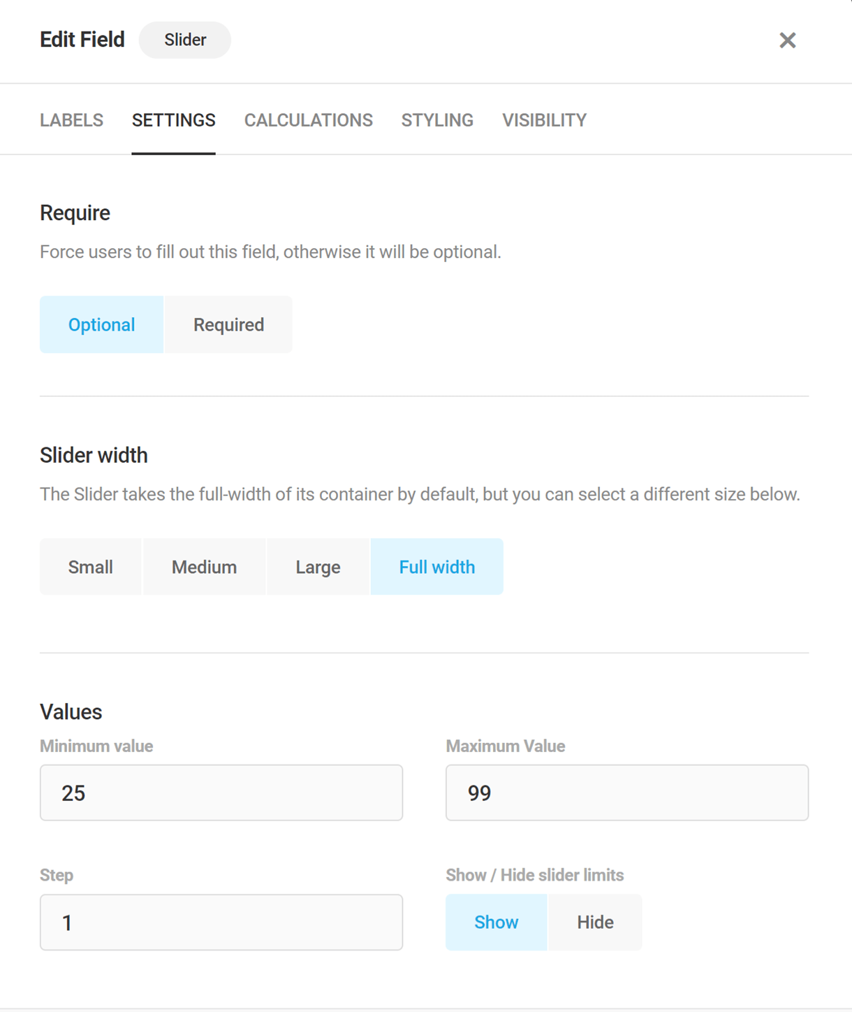 slider settings