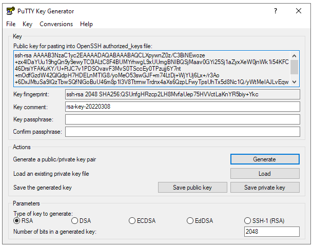 SSH key created in PuTTY