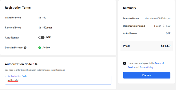 Transfer information screen
