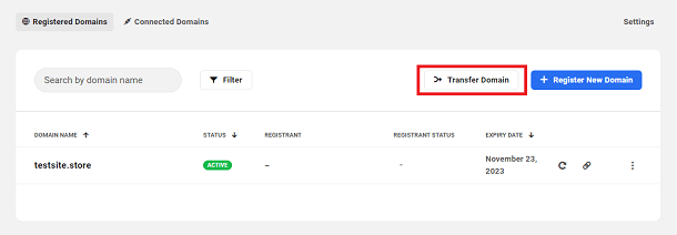 Transfer domain from registered domains tab