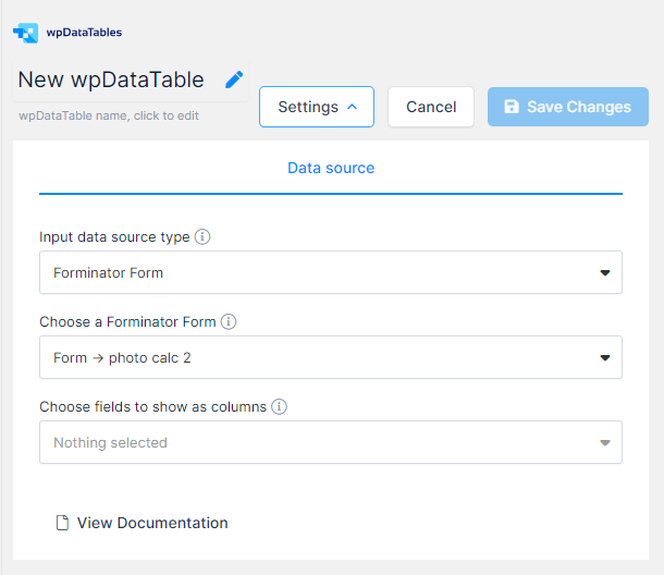 Select Forminator as source for wpDataTables table
